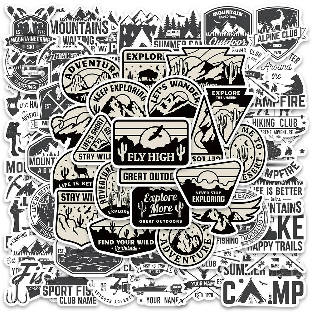 50Pcs Black and White Outdoor Sports Stickers Classic Car Motorcycle Skateboard Phone Laptop Adventure Stickers Wholesale (ONLINE ORDER ONLY)