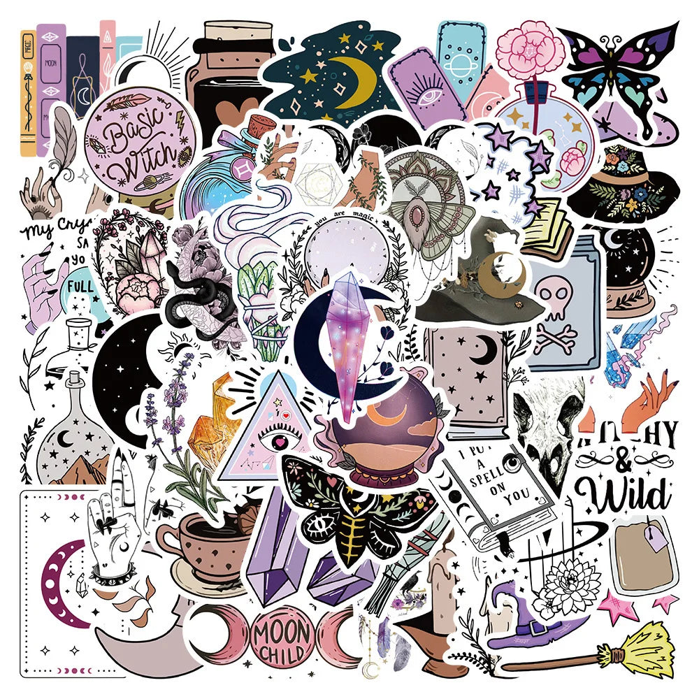 Boho Witchy Magician Stickers: 10/30/50PCS Cartoon Decals for Laptop, Luggage, Skateboard, Kid Gifts (Online Order Only)
