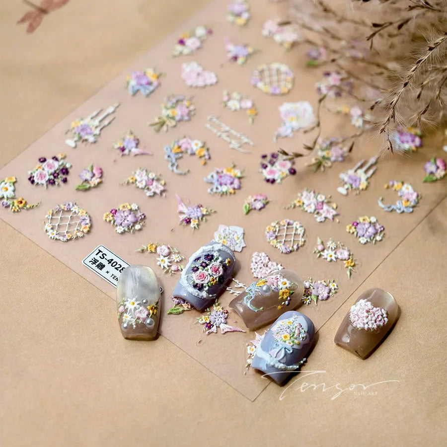 Romantic Flowers Bouquet Butterfly Rose Bowknot Candlestick Wreath Love Heart 5D Self Adhesive Nail Art Stickers Manicure Decals (Online Order Only)