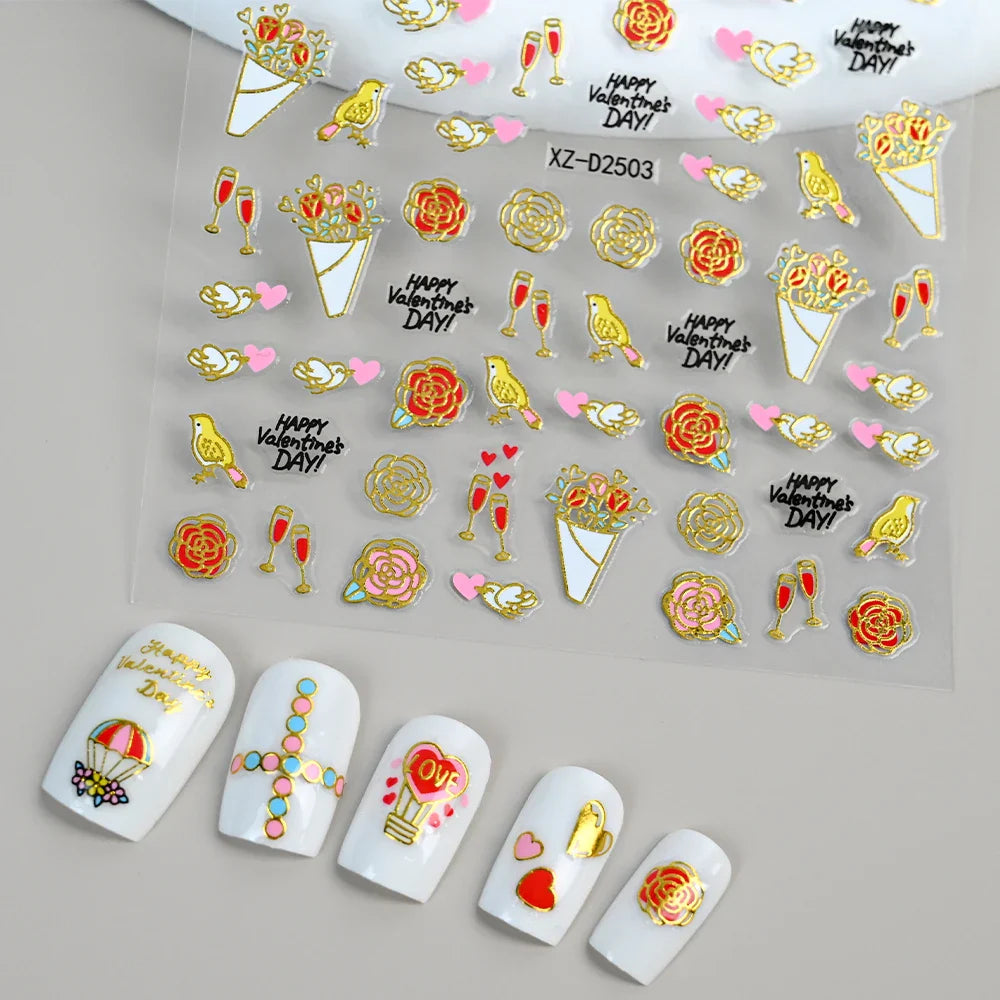12Pcs 3D Golden Red Glitter Heart Love Nail Sticker Valentine Self Adhesive Cartoon Decal Geometry Lines Stripe Slider Manicure* (ONLINE ORDER ONLY)