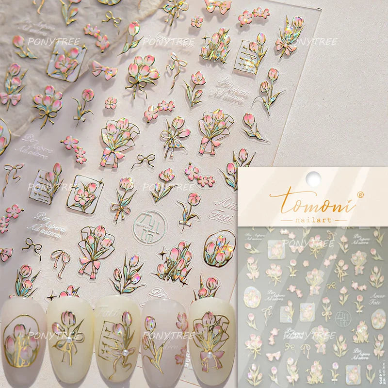 Romantic Flowers Bouquet Butterfly Rose Bowknot Candlestick Wreath Love Heart 5D Self Adhesive Nail Art Stickers Manicure Decals (Online Order Only)