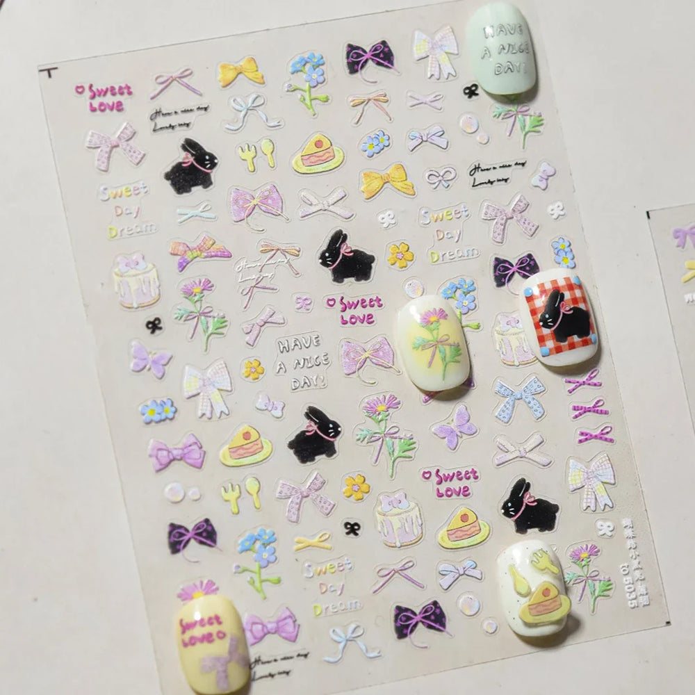 Black Rabbit Bunny Ribbon Bowknot Flower Cake Daisy Dessert Knife Fork Butterfly Self Adhesive Nail Art Stickers Manicure Decals (ONLINE ORDER ONLY)