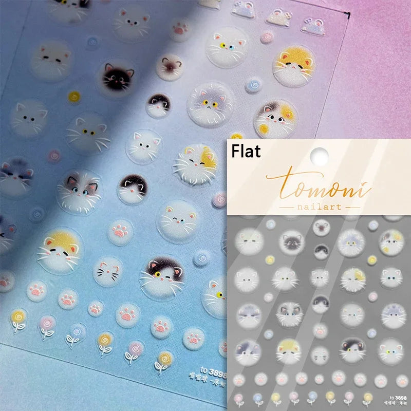White Halo Dyeing Cat Face Cup Black Orange Toy Umbrella Love Heart Kitty Cake Embossed Relief Nail Art Stickers Manicure Decals (ONLINE ORDER ONLY)