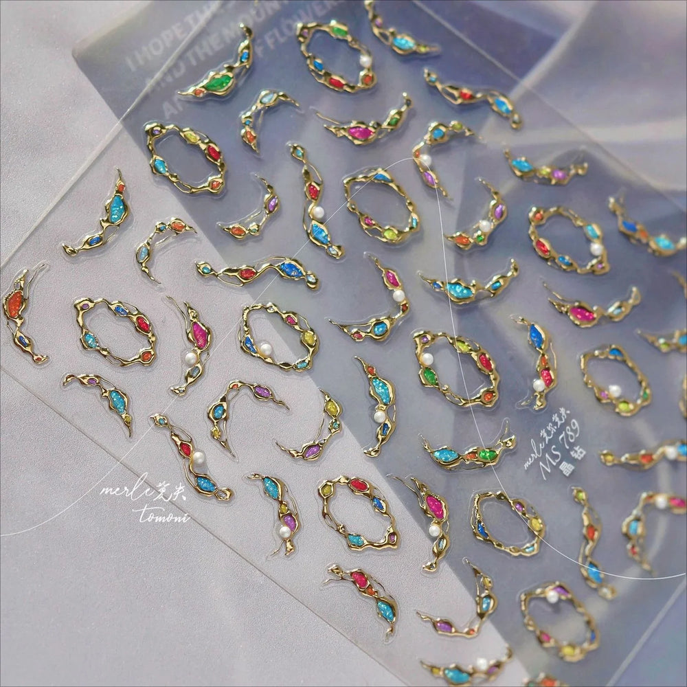 French Lines Gemstone Necklace Gilding Light Luxury Pearl Self Adhesive Nail Art Decorations Stickers Manicure Decals Wholesale (ONLINE ORDER ONLY)