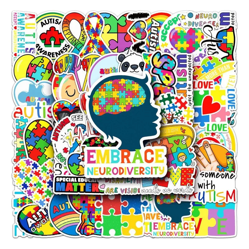 50pcs Autism Cartoon Stickers for Laptop, Phone, Scooter, Suitcase, Water Bottle, Stationery, Refrigerator Decoration (Online Order Only)