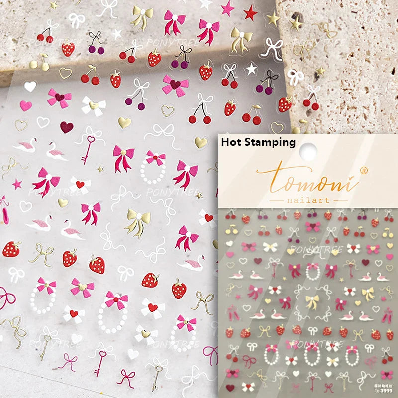 Pink Juicy Strawberry Fruit Cutting Line Ribbon Bowknot Star Happy Sweet Lovely Fruits Delicate Nail Art Stickers Manicure Decal (ONLINE ORDER ONLY)