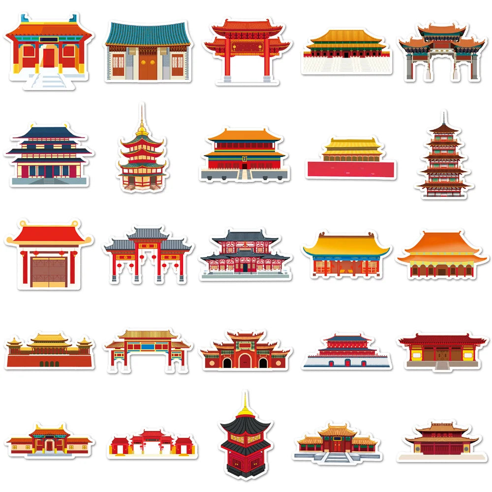 10/50pcs Antique Building House Stickers Personalized Chinese Style Stickers DIY Mobile Phone Case Suitcase Stickers Waterproof (Online Order Only)