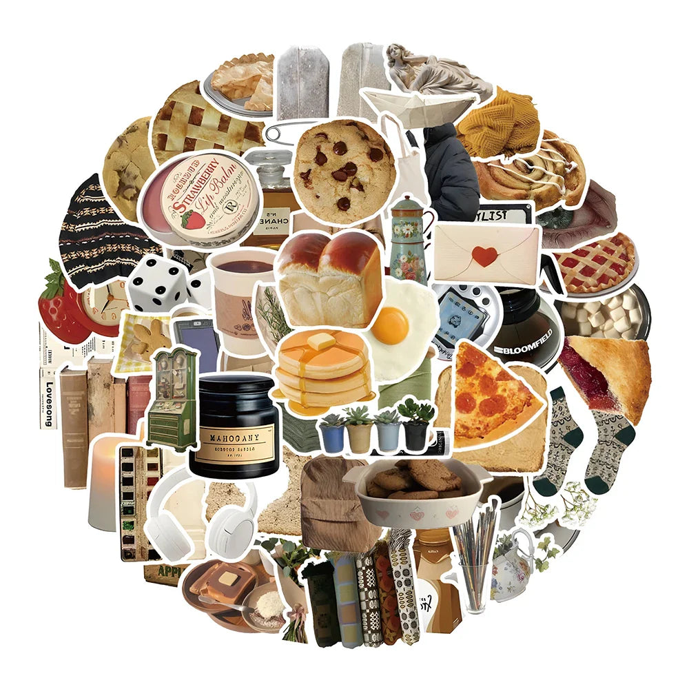 10/30/60pcs Ins Style Cute Vintage Cartoon Stickers Food Graffiti Decals DIY Laptop Notebook Scrapbook Car Wall Sticker Kids Toy (ONLINE ORDER ONLY)