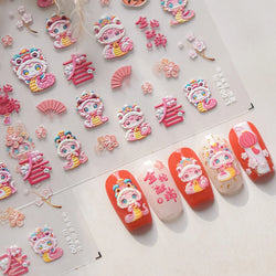 Auspicious Peach Blossom Snake Fan Flower The Spring Festival Tiger Head Adhesive Nail Art Stickers Red Lantern Manicure Decals (Online Order Only)