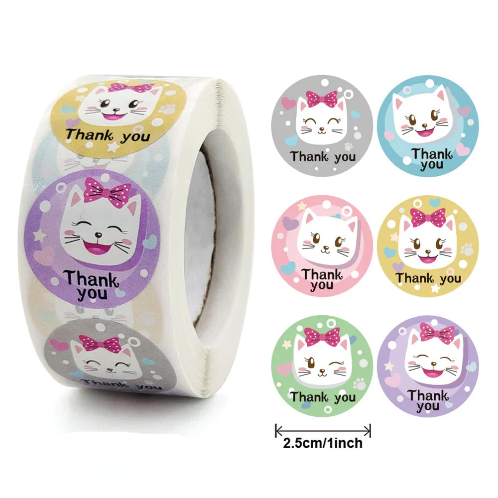 100-500pcs Round Cartoon Animals Thank You Stickers Cute Cats Teachers Reward Handmade Sealing Stickers Stickers (Online Order Only)