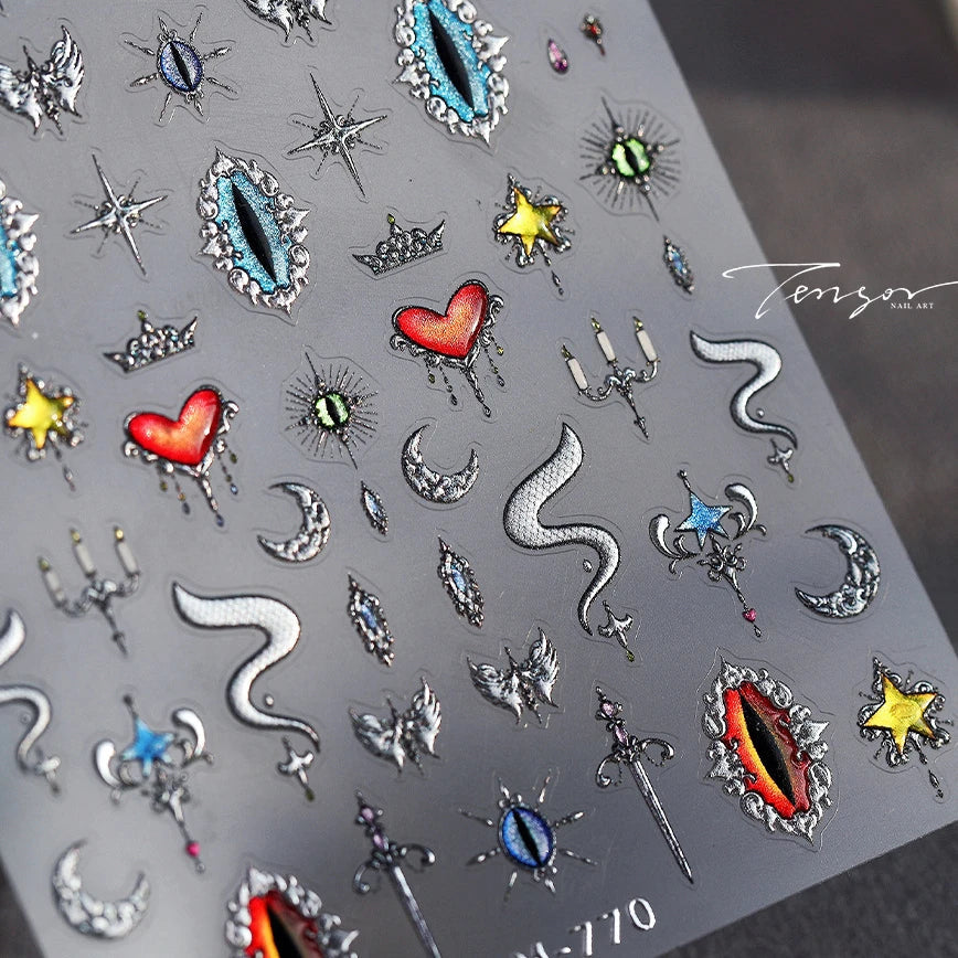 Glitter Star Snake Moon Darkness Eye Love Heart Crown Sword Self Adhesive Nail Art Stickers Punk Jelly Angel Wing Manicure Decal (ONLINE ORDER ONLY)