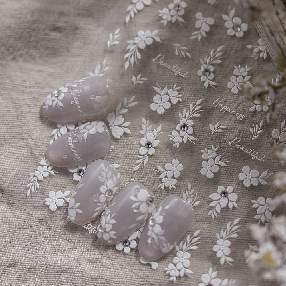 Wet Garden White Flower Leaves Elegant Beautiful Petal Delicate 5D 3D Charming Spring Adhesive Nail Art Stickers Manicure Decals (ONLINE ORDER ONLY)