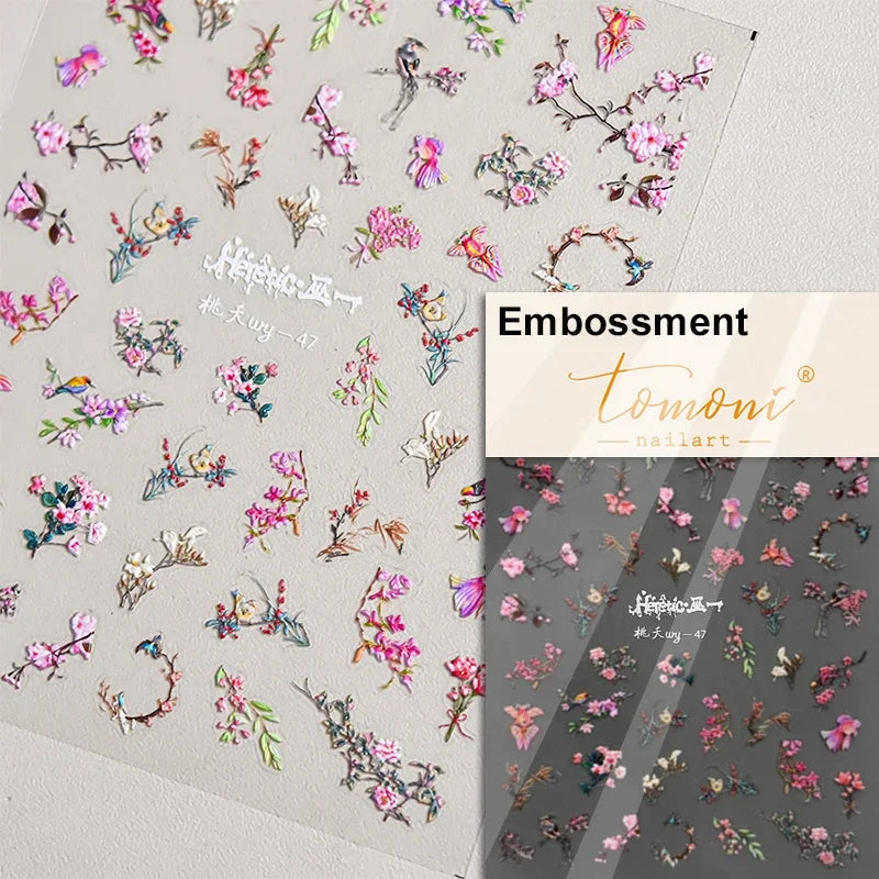 Red Azalea Rose Peony Crane Warbler Bird Fish Lily Chicken Rabbit Lobster Flower Retro Chinese Nail Art Sticker Decoration Decal (Online Order Only)