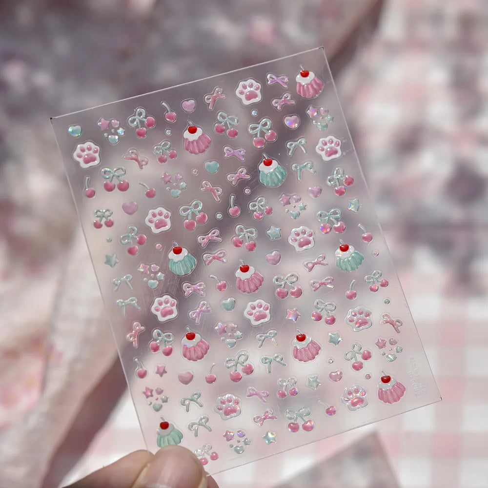 Lovely Green Pink Cherry Pudding Claw Paw Love Heart Bowknot Soft Embossed Reliefs Adhesive Nail Art Stickers Manicure Decals (ONLINE ORDER ONLY)