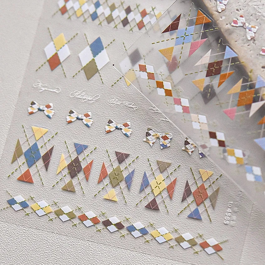 French Style Colorful Square Grid Rhombus Stripe Bowknot Line 3D Self Adhesive Nail Art Stickers Shiny Rhinestone Manicure Decal (Online Order Only)