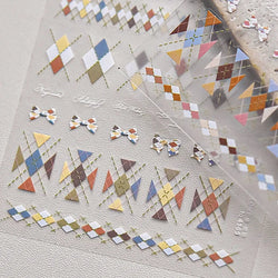 French Style Colorful Square Grid Rhombus Stripe Bowknot Line 3D Self Adhesive Nail Art Stickers Shiny Rhinestone Manicure Decal (Online Order Only)