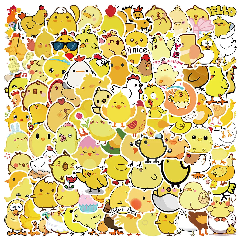 50/100pcs Cute Cartoon Little Yellow Chicken Stickers For Laptop Phone Water Bottle Waterproof Graffiti Bicycle Car Decals (ONLINE ORDER ONLY)
