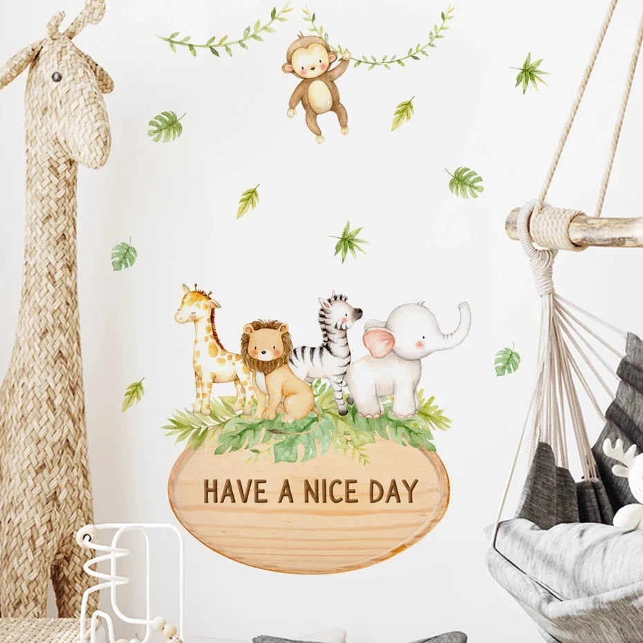 Watercolor Elephant Giraffe Tropical Leaves Wall Stickers Nursery Decals Kids Room Decor (Online Order Only)