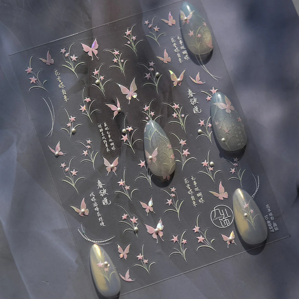 Vigorous Pink Orchid Cymbidium Antique Fragrant Thoroughwort Grass Butterfly Adhesive Nail Art Sticker Plant 3D Manicure Decals (ONLINE ORDER ONLY)
