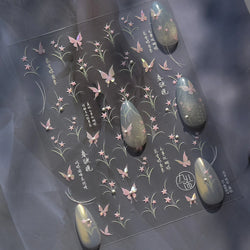 Vigorous Pink Orchid Cymbidium Antique Fragrant Thoroughwort Grass Butterfly Adhesive Nail Art Sticker Plant 3D Manicure Decals (ONLINE ORDER ONLY)