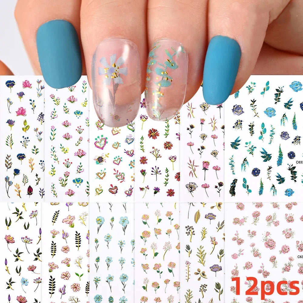 12Pcs 3D Golden Red Glitter Heart Love Nail Sticker Valentine Self Adhesive Cartoon Decal Geometry Lines Stripe Slider Manicure* (ONLINE ORDER ONLY)