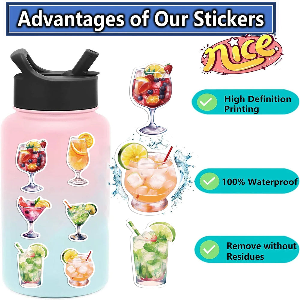 50pcs Watercolor Cocktail Stickers For Suitcase Stationery Phone Laptop Ipad DIY Sticker Scrapbooking Material Craft Supplies (ONLINE ORDER ONLY)