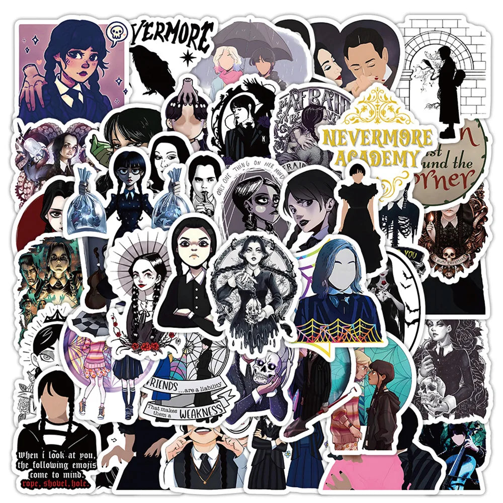 Wednesday Addams Horror Stickers: 10/30/50/105pcs Anime Decals for Laptop, Phone, Skateboard, Car, Waterproof (ONLINE ORDER ONLY)