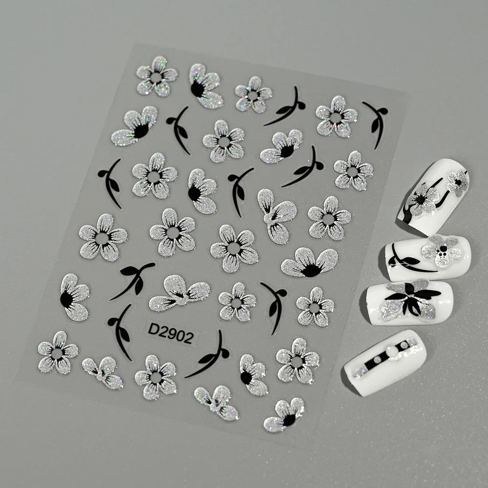 1pcs 5D Floral Nail Art Stickers Acrylic Flowers Decals with Glitter Self-Adhesive Elegant Silver Black Blossoms Theme Nail Art* (ONLINE ORDER ONLY)