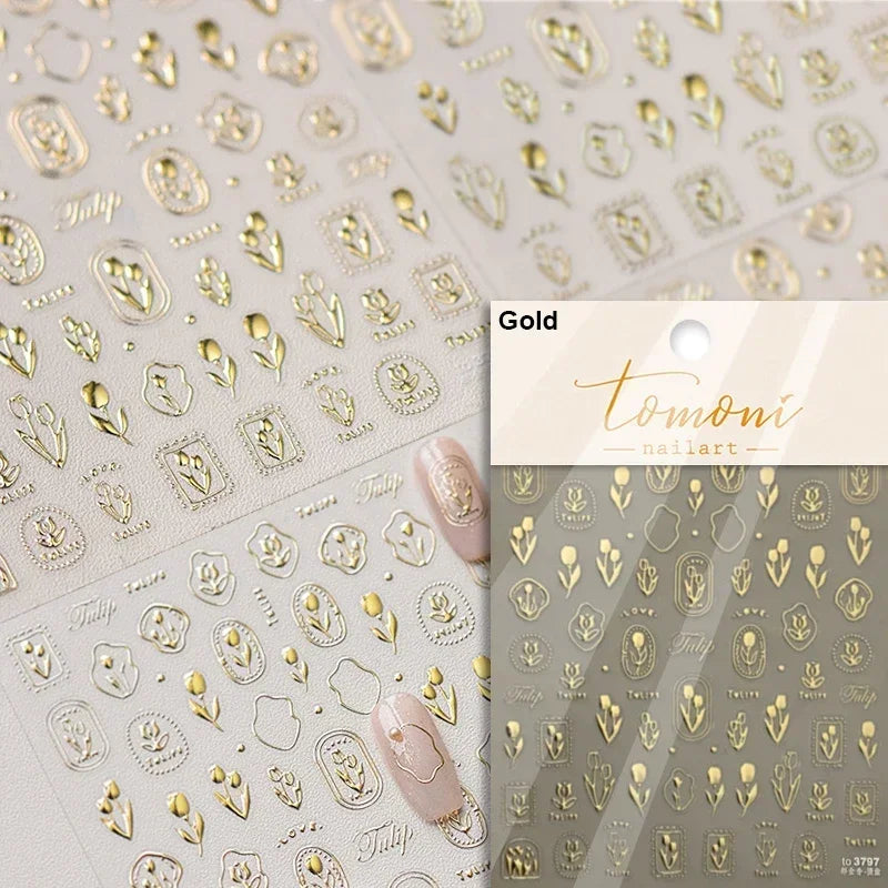 Retro Rose Gold Photo Frame Dried Flower Delicate Totem 3D Self Adhesive Nail Art Stickers 5D Shiny Rhinestone Manicure Decals (ONLINE ORDER ONLY)