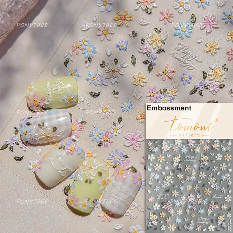 Flower Garden Purple Yellow Pink Daisy Butterfly Delicate 5D Soft Relief Adhesive Nail Art Decoration Sticker 3D Manicure Decals (ONLINE ORDER ONLY)