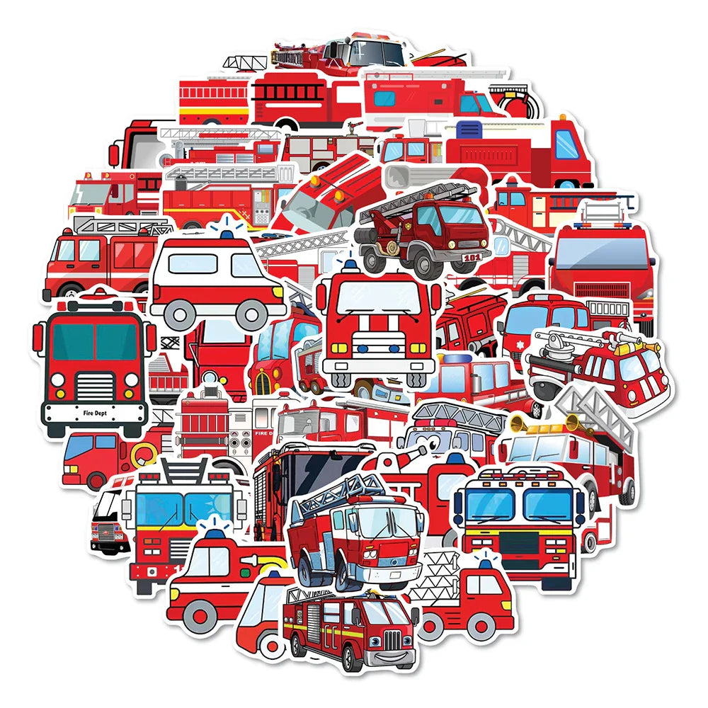 10/30/50/100PCS Cartoon Fire Engine Stickers Kids Decals Toy DIY Notebook Suitcase Phone Fridge Bike PVC Waterproof Sticker Gift (ONLINE ORDER ONLY)