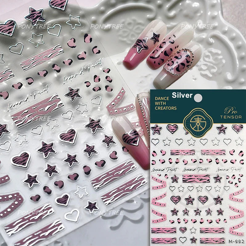 Punk Pink Leopard Print Love Heart Stars Bowknot Cool Girl 5D Self Adhesive Nail Art Stickers Ribbon Manicure Decals Wholesale (ONLINE ORDER ONLY)