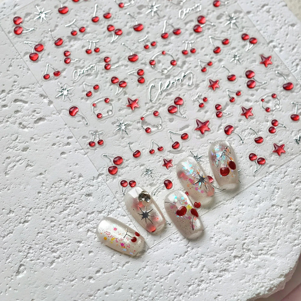 Lovely Mini Red Cherry Jelly Star Sun Fruit Charming Silver 3D 5D Self Adhesive Nail Art Stickers Cute Manicure Decals Wholesale (ONLINE ORDER ONLY)