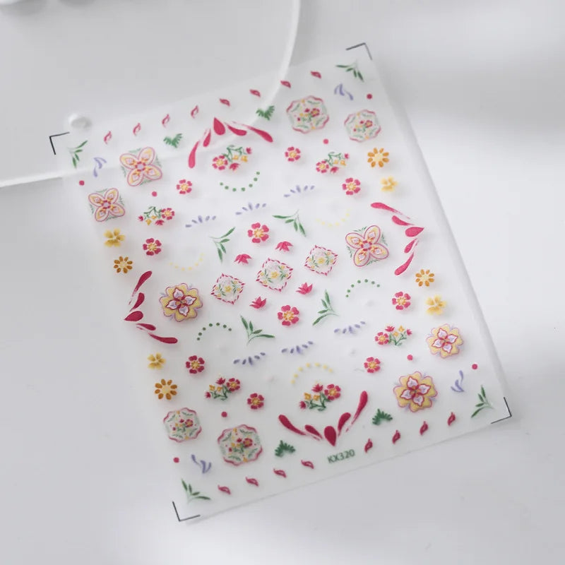 Pink Blue Yellow Embroidery Totems Geometric Floral Pattern Flower 5D Embossed Nail Art Stickers Bohemian Style Manicure Decals (ONLINE ORDER ONLY)