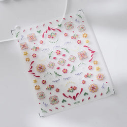Pink Blue Yellow Embroidery Totems Geometric Floral Pattern Flower 5D Embossed Nail Art Stickers Bohemian Style Manicure Decals (ONLINE ORDER ONLY)