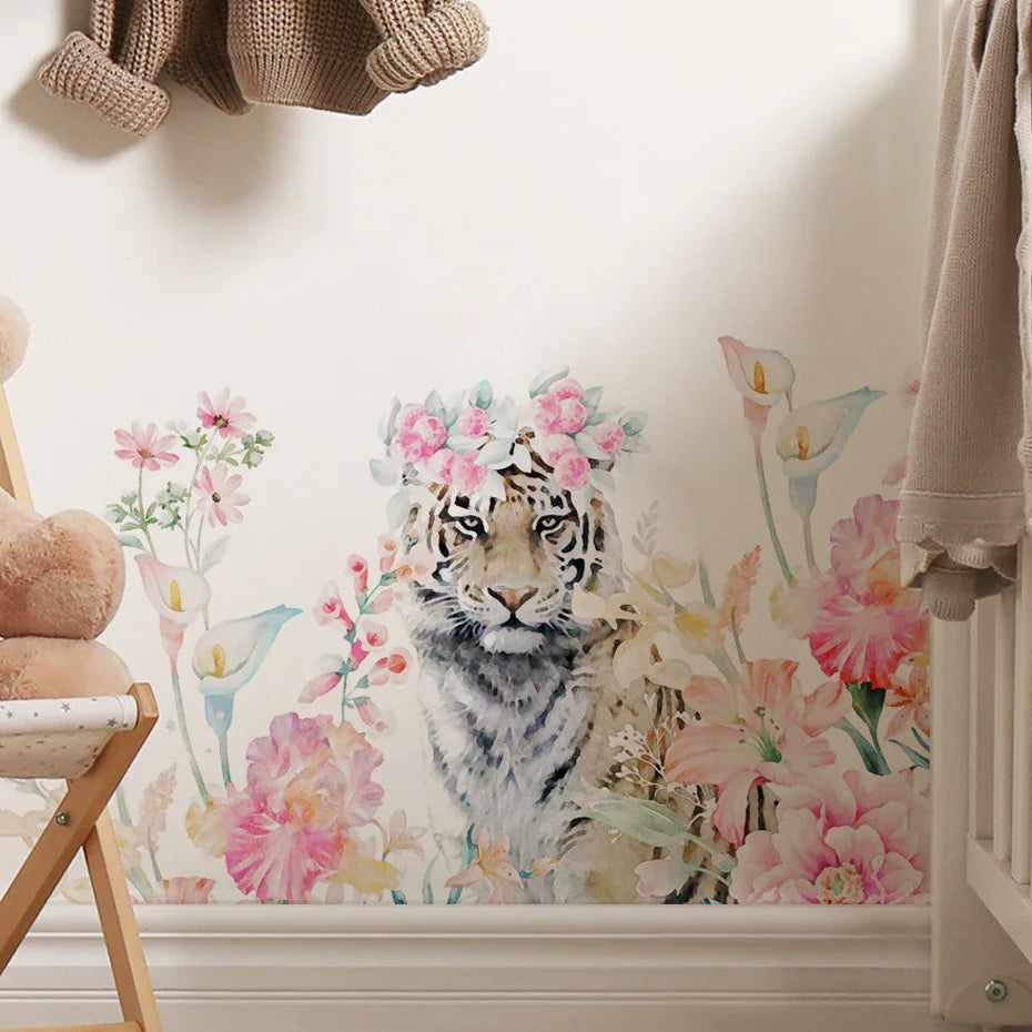 Pink Flower Tiger Wall Stickers Kids Room Decor Self Adhesive (Online Order Only)