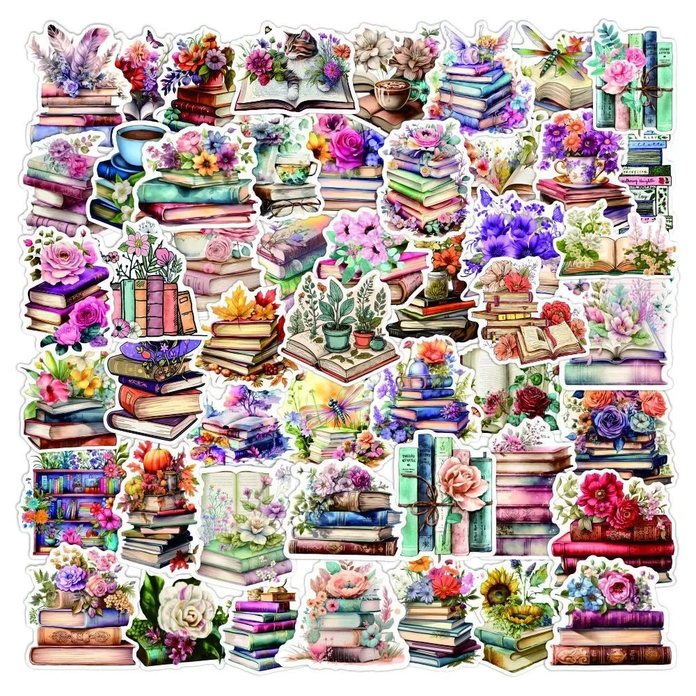 10/50Pcs Cute Cartoon Flower Book Stickers Vinyl Aesthetic Decals for Scrapbooking Water Bottle Laptop Luggage Guitar Skateboard (Online Order Only)