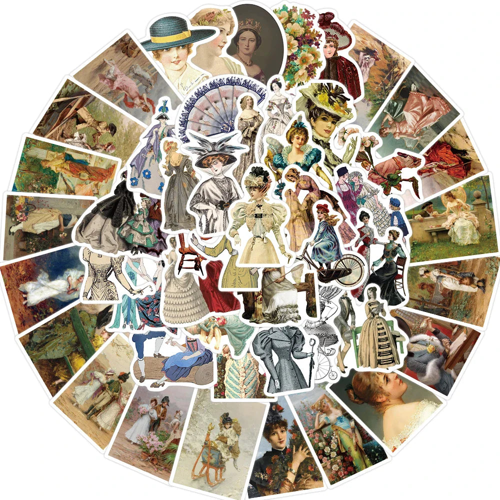 52Pcs Cartoon Retro Victorian Art Series Stickers PVC Waterproof Sticker Decals For Scrapbook Laptop Bottle Toys Gift (ONLINE ORDER ONLY)