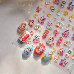 Auspicious Peach Blossom Snake Fan Flower The Spring Festival Tiger Head Adhesive Nail Art Stickers Red Lantern Manicure Decals (Online Order Only)