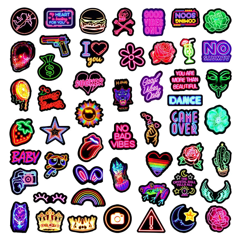 10/30/50PCS New Neon Stickers Cute Cartoon Mobile Phone Guitar Helmet Bottle Car Decal Graffiti Wallpaper Decoration Toy Gift (ONLINE ORDER ONLY)