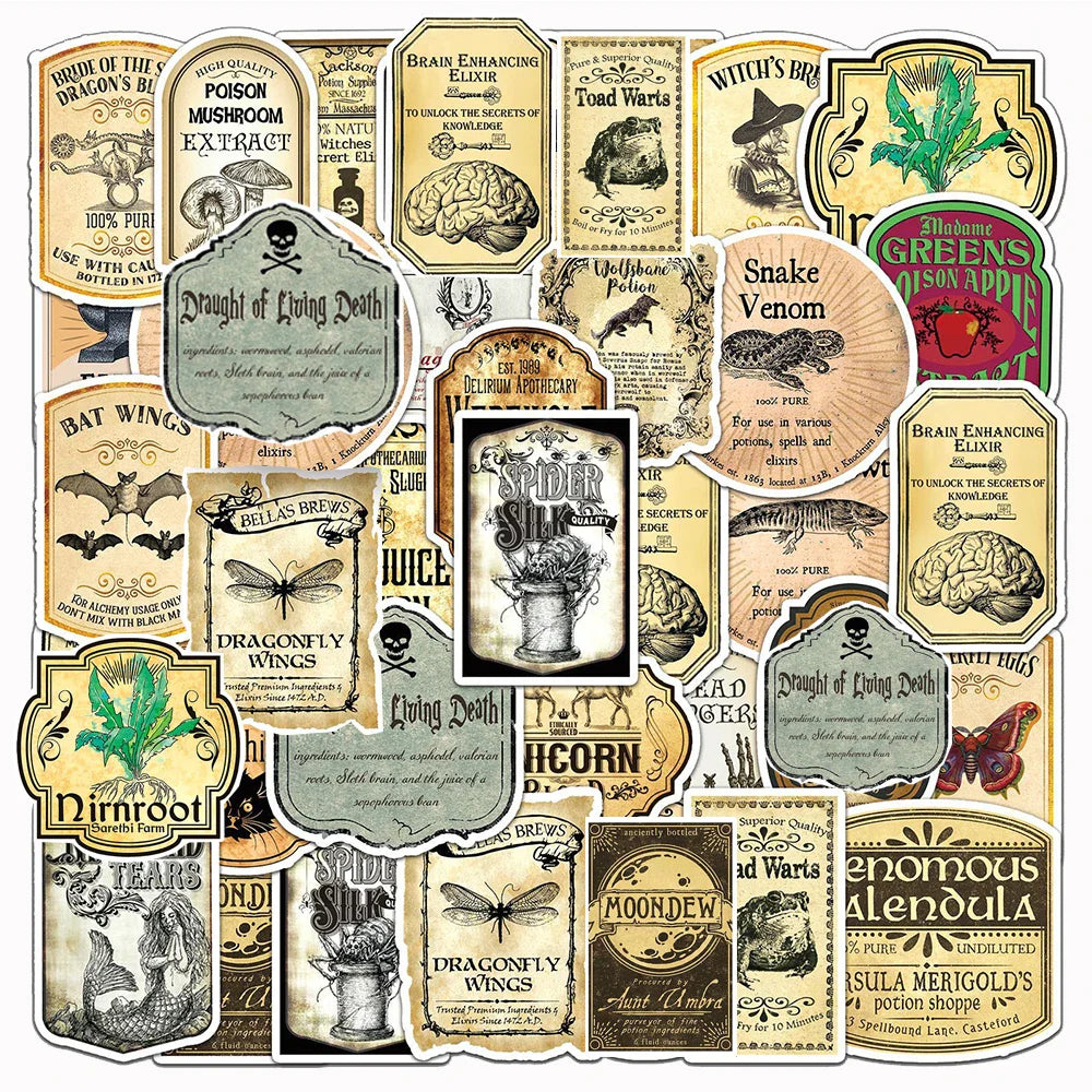 10/30/50pcs Vintage Magic Potion Label Sticker Packs (ONLINE ORDER ONLY)