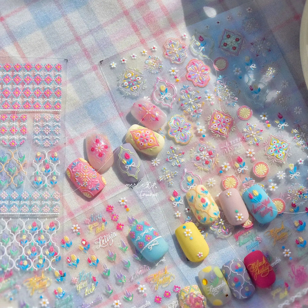 Chic Lavender Tulip Flower Bowknot Totem Center Symmetric Pattern Daisy Line Gird Self Adhesive Nail Art Stickers Manicure Decal (ONLINE ORDER ONLY)