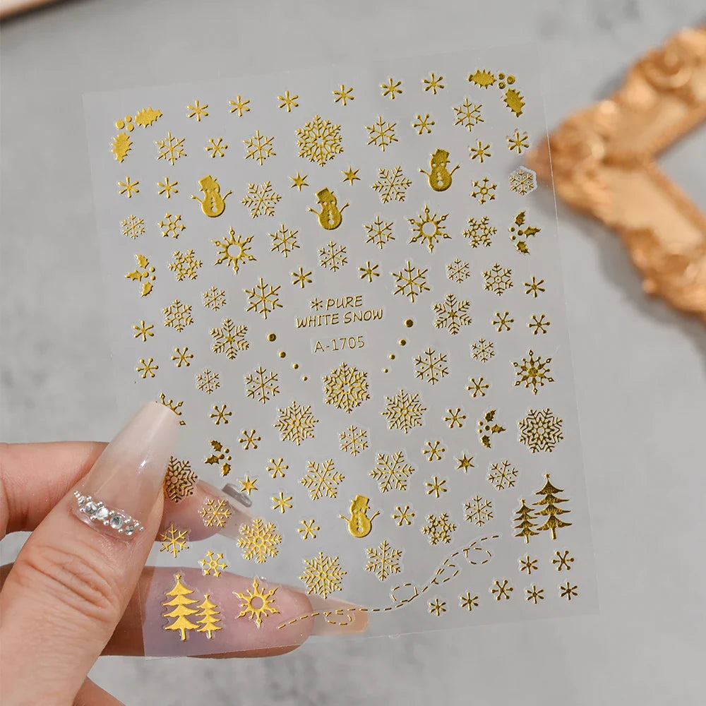 3D Gold Glitter Snowflake Nail Sticker Winter Reflective Elk Star Balloon Christmas Tree Foil Xmas New Year Decal Tips Decoratio (ONLINE ORDER ONLY)