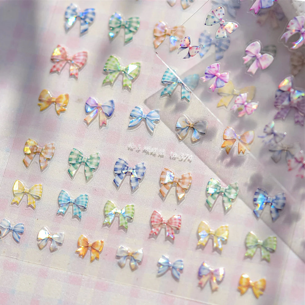 Colourful Grid Bowknot Charming Silk Ribbon Tie Chic 5D Self Adhesive Nail Art Sticker Sparkle Crystal Rhinestone Manicure Decal (ONLINE ORDER ONLY)
