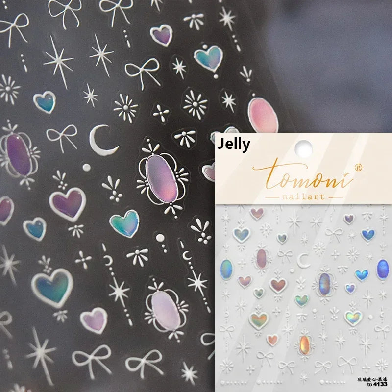 Flat Small Pink Brown Halo Dyeing Love Heart Geometric Leopard Shiny Jelly Chic Embossed Relief Nail Art Stickers Manicure Decal (Online Order Only)
