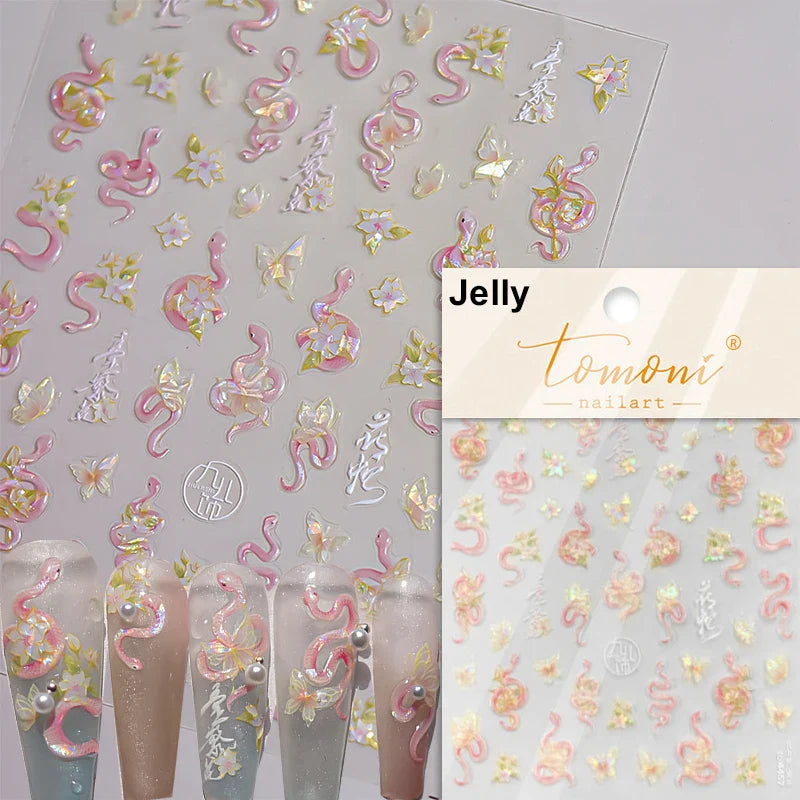 Auspicious Peach Blossom Snake Fan Flower The Spring Festival Tiger Head Adhesive Nail Art Stickers Red Lantern Manicure Decals (Online Order Only)