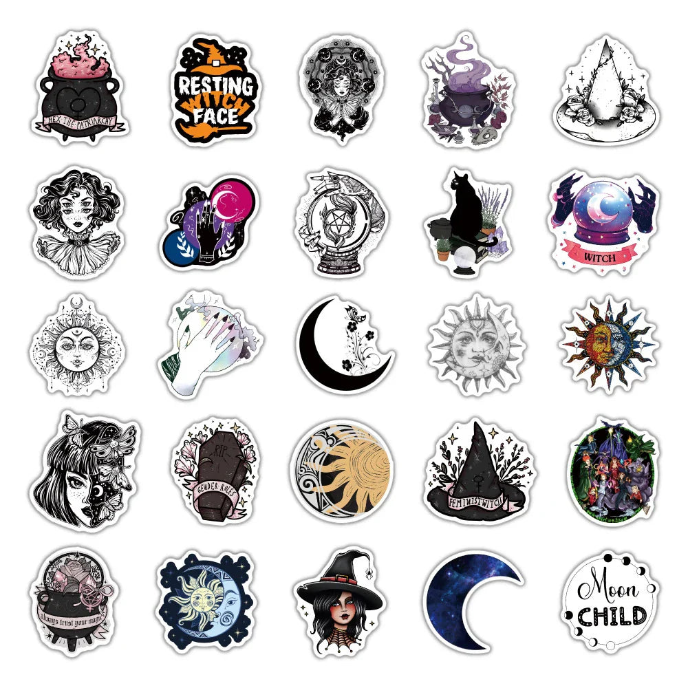 10/30/50/110pcs Cool Witch Moon Gothic Cartoon Stickers Aesthetic Decals Skateboard Laptop Guitar Phone Graffiti Sticker Kid Toy (ONLINE ORDER ONLY)