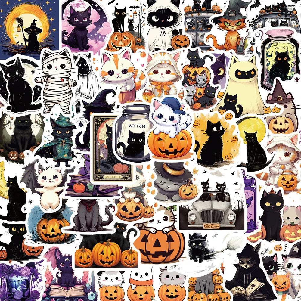Halloween Black Cat Pumpkin Stickers - Cute Witch Decals for Laptop, Motorcycle, Phone, Car - Waterproof 10/30/50pcs (Online Order Only)