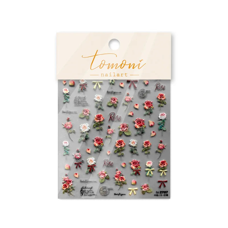 Retro Rose Flowers Bowknot Petal Romantic 5D Soft Embossed Relief Self Adhesive Nail Art Decoration Stickers 3D Manicure Decals (ONLINE ORDER ONLY)