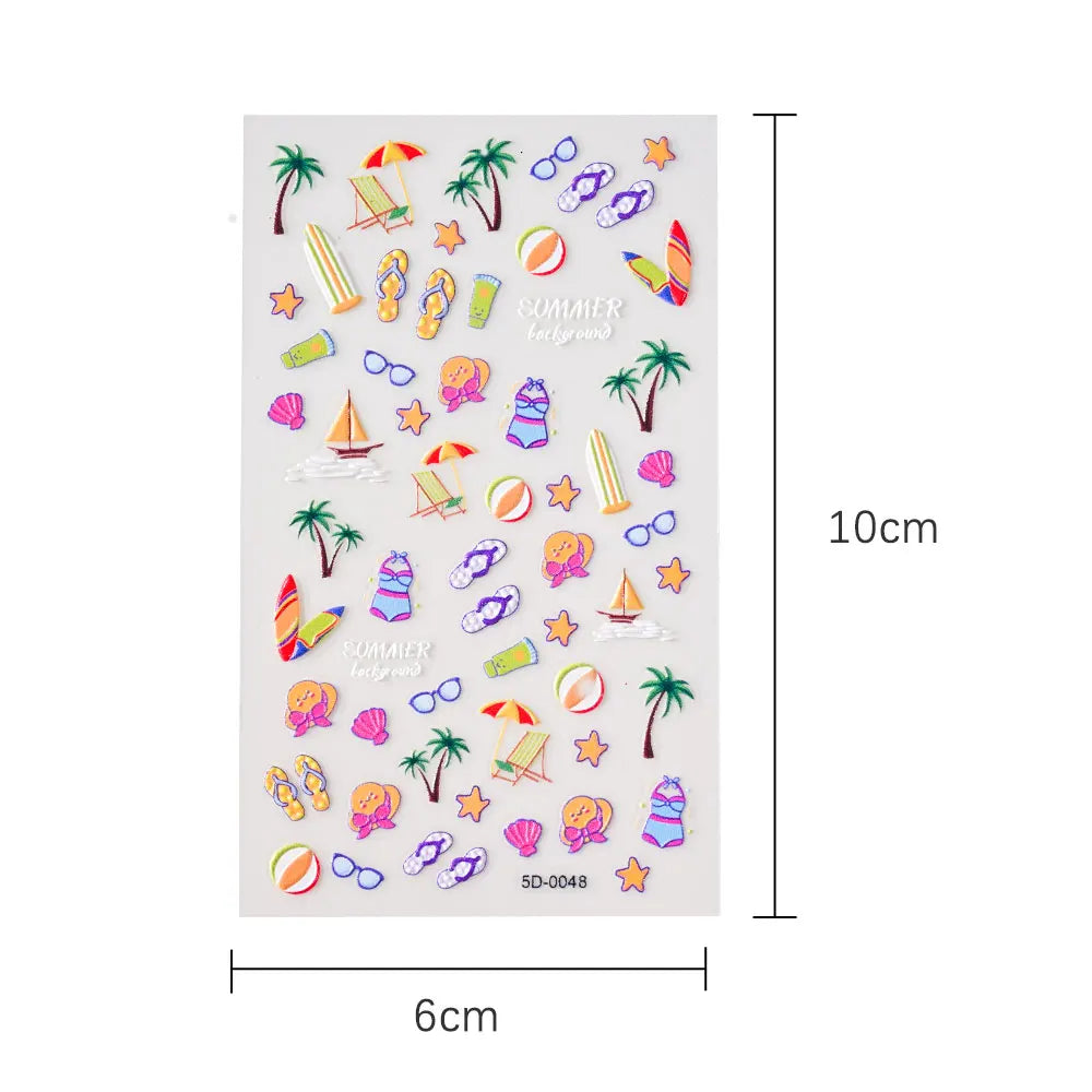 Summer Sea Shell 5D Nail Art Sticker Tropical Beach Coconut Slippers Decals Embossed  Conch Starfish Ocean Theme Nail Art Decor* (ONLINE ORDER ONLY)
